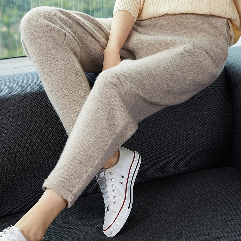 Women Pants 2023 New Autumn and Winter Soft Comfortable High-Waist Pants 100% Wool Knitted Pants Female Solid Thick Trousers