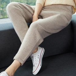 Pantalones de punto de lana 2023 para mujer, pantalón suave y cómodo de cintura alta, grueso y liso, novedad de otoño e invierno, 100%