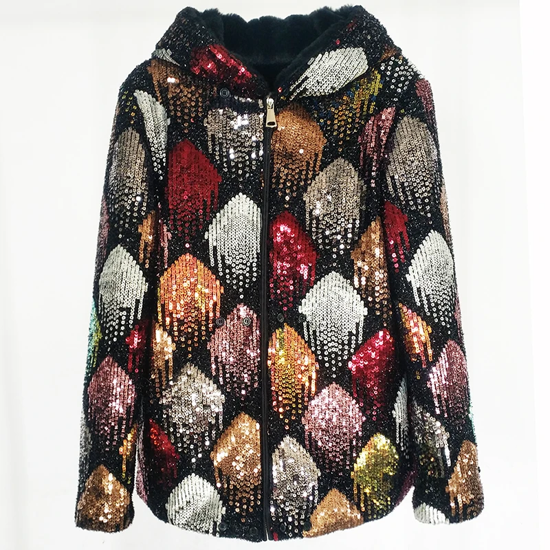 2021 New Parker Hooded Fashion Luxury Jacket Color Sequins Autumn/Winter Long Sleeve Jacket