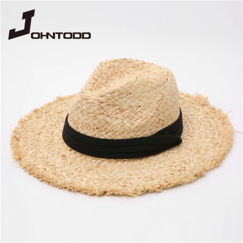 

2021 New Summer Raffia Hat Panama Straw Jazz Hat with Black Ribbon Women Men Wide Brim Beach Sun Cap UV Protection Fedora Hat