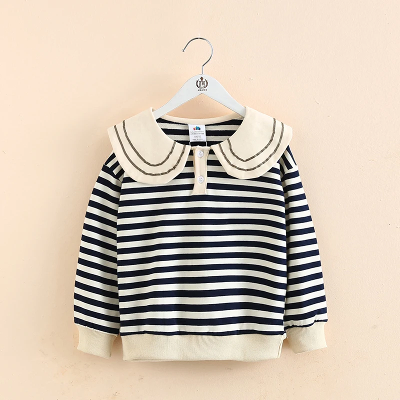 2024 Autumn Spring 2 3 4 5 6 7 8 9 10 Years Casual Long Sleeve Peter Pan Collar Cotton Striped Sweatshirts For Kids Baby Girls