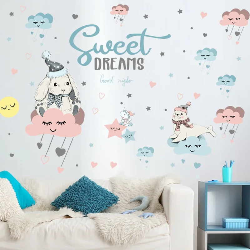 Sweet Dream DIY Lovely Rabbit Sea Lion Clouds Wall Sticker for Home Mural Decal Kids Room Dorm Decorarion Living Room Bedroom