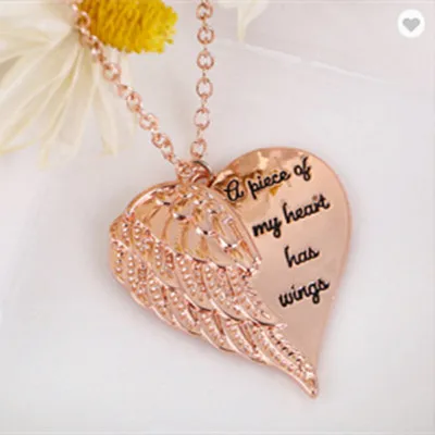 Hot Sale Women Necklace Letter A Piece Of My Heart Has Wings Gold Silver Alloy Love Heart Wings Pendant Feather Angel Necklaces