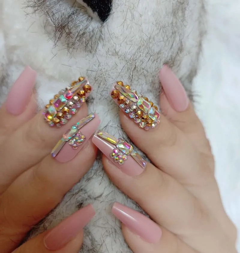 24pcs latest candy long ballet handmade crystal diamond fake nails sexy deep pink