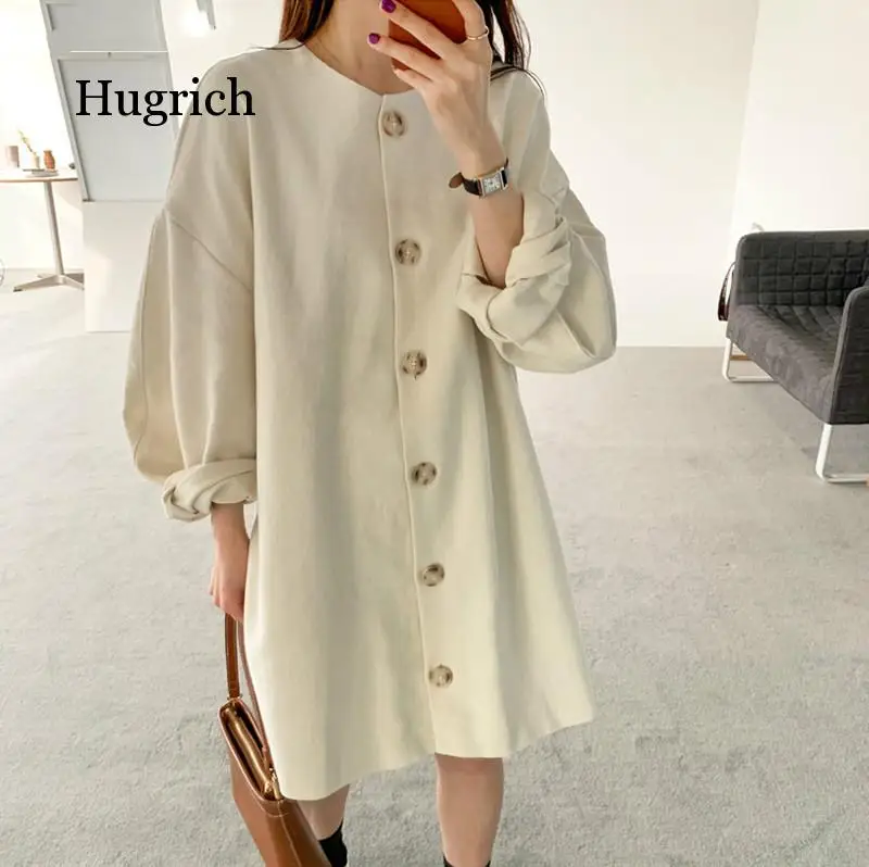 Loose Solid Women Dress 2020 Summer Casual Vestidos Puff Sleeve O-Neck Single-Breasted Female Mini Dress