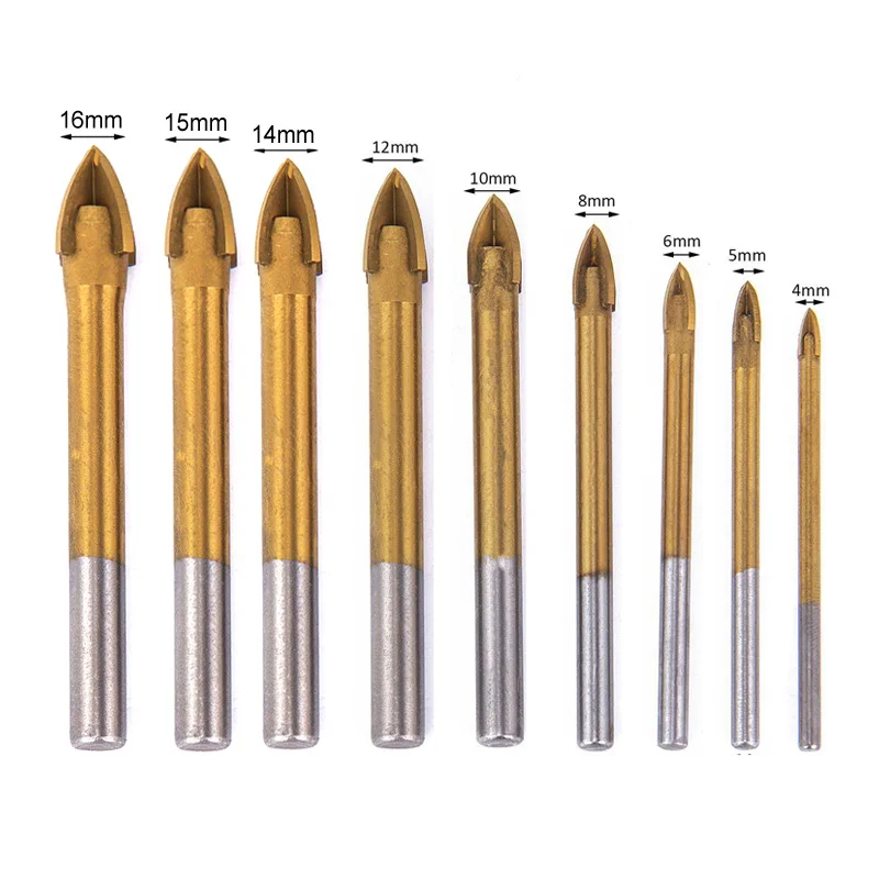 Set di punte per trapano in vetro rivestito in titanio da 9 pezzi 4 taglienti trapano a testa di lancia incrociata per parete in cemento a specchio in marmo per piastrelle di ceramica