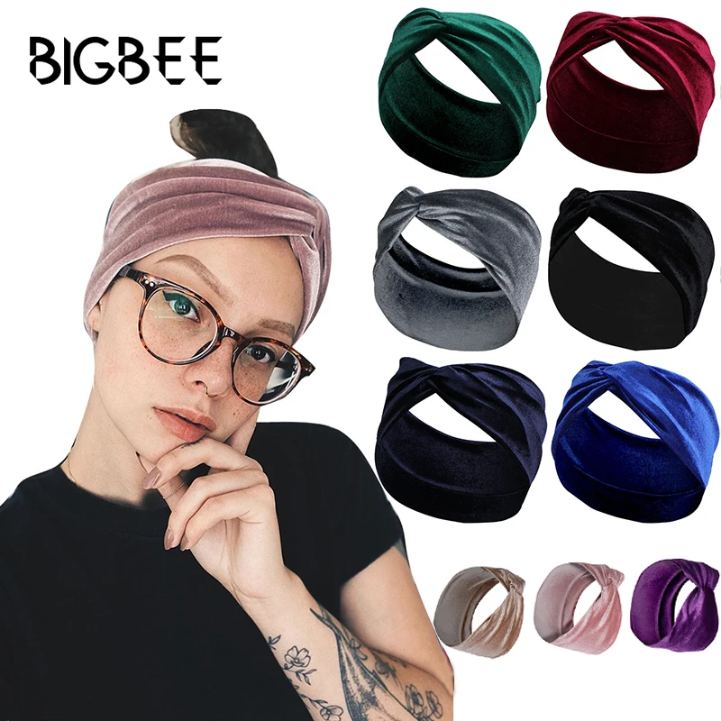 Fine Solid color Golden velvet Scrunchies Cross Knot Elastic Headbands for Women Headwear Girls Hairband Pearl Hair Accessories