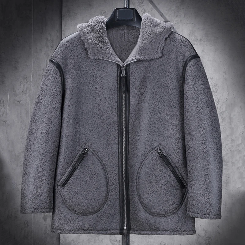 New Mens B3 Shearling Jacket Long Fur Jacket Hooded Sheepskin Coat Mens Winter Coats Grey Leather Jacket