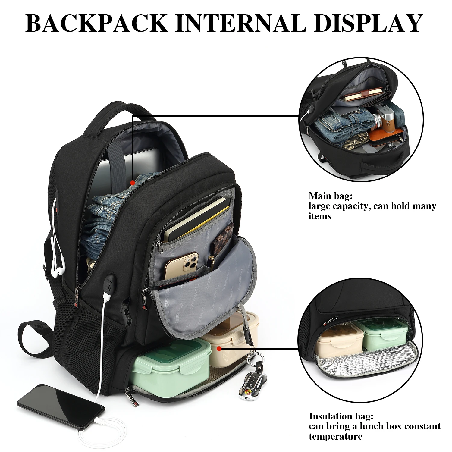 CoolBELL-mochila para el almuerzo para hombre y mujer, morral para el ordenador portátil de 15,6/17,3 pulgadas con compartimento aislado/puerto USB para senderismo, trabajo y viajes