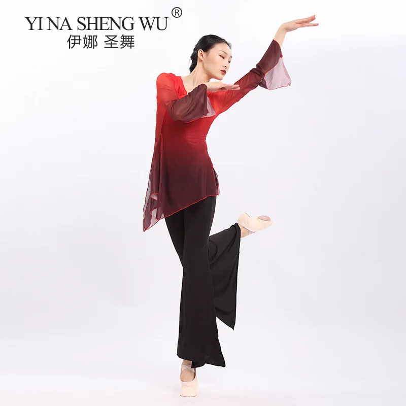 Gradient Gauze Shirt Women Classical Dance Long Sleeve Top For Practice Chinese Folk Dance Tops Clothes Performance Costume New