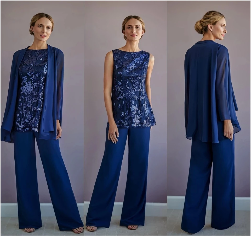 

Blue Mother Of The Bride Dresses Sheath Chiffon Appliques With Jacket Pants Suit Long Groom Mother Dresses For Weddings