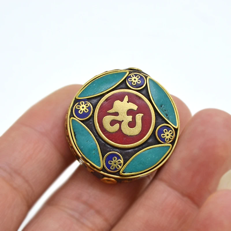 TZA04 Nepal Handmade Tibetan Colorful Clay Round Brass Buddhism DIY Beads To Make Jewelry Bracelets Six-Word Mantra ॐ OM