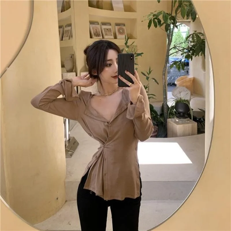 T-shirts Women Solid Fashion Slim Summer New All-match Korean Style Leisure V-neck Irregular Long Sleeve Comfortable Female Tops