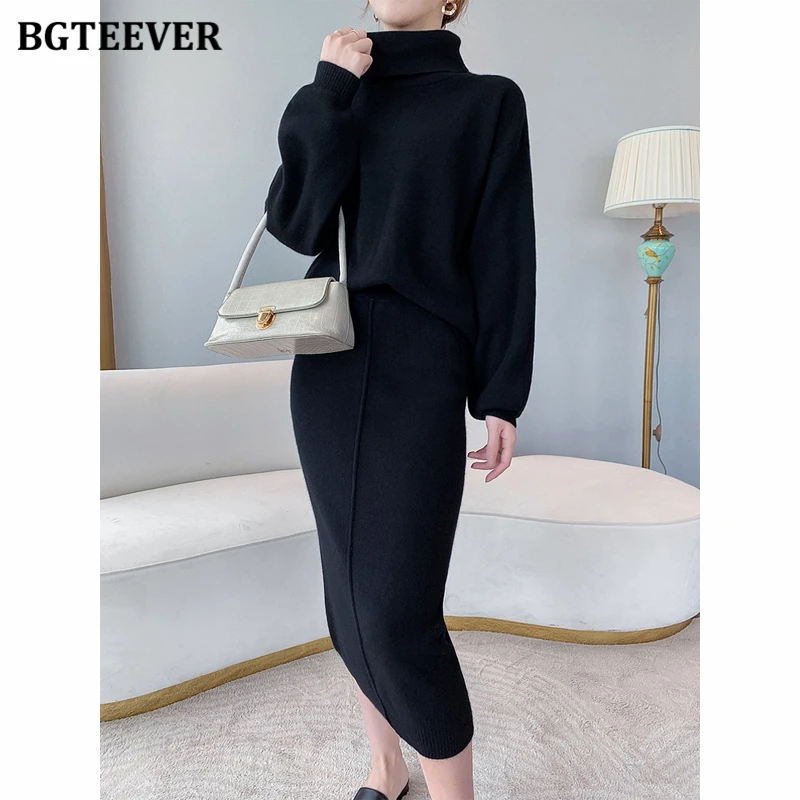 BGTEEVER Elegant Women Thicken Warm Loose 2 Pieces Knitted Set Turtleneck Long Sleeve Sweaters & Pencil Midi Skirts 2021 Autumn