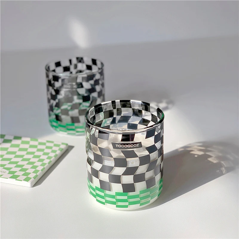 Niche Ins Style Checkerboard Lattice Creative Glass Coffee Cup Breakfast Cup Water Cup Beautiful Cup for Women Glass Cup