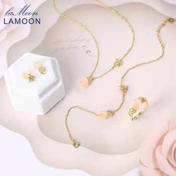 LAMOON 925 스털링 실버 쥬얼리 세트 여성용 로즈 & 비 천연 로즈 쿼츠 플라워 14K 골드 도금 파인 쥬얼리 LMV069 