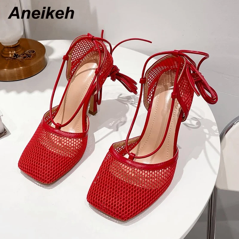 Aneikeh Summer Fashion Beach Mesh Hollow Out Sandals Women\'s Cross Lace Up Thin Heel High Heels 2024 Sexy Zapatillas Mujer 35-41