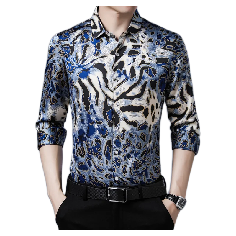 New 2020 Male Leopard Silk Shirts Long Sleeve Man Fashion Printing Silk Clothes Casual Satin Silk Dress Shirts Free Shipping