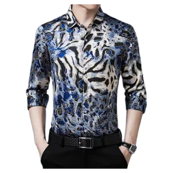 New 2020 Male Leopard Silk Shirts Long Sleeve Man Fashion Printing Silk Clothes Casual Satin Silk Dress Shirts Free Shipping