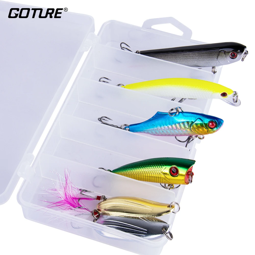 

Goture 6pcs Mixed Fishing Lure Set Wobblers Hard Artificial Bait Minniw Popper Pencil Vib Spinner Spoon With Fishing Tackle Box