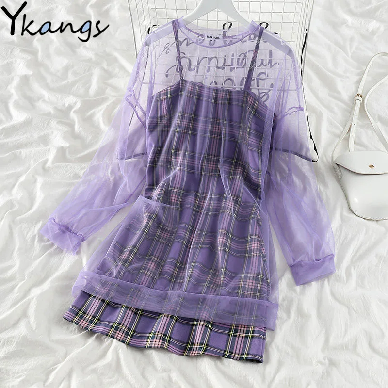 Plaid Goblincore Aesthetic Purple Harajuku Korean Sling Dress Summer Hollow Out Slim Casual Sexy Turtleneck Teens Flare Sleeve