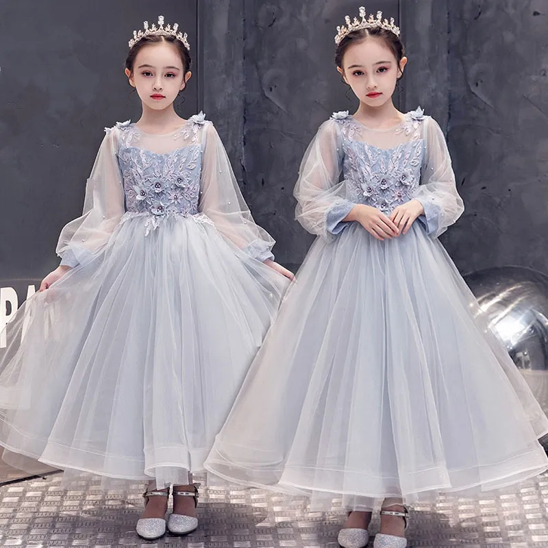 

Appliques Kids Dresses Birthday Long Tulle Wedding Ball Gown Flower Girls Clothing Elegant Teenagers Party Princess Costume