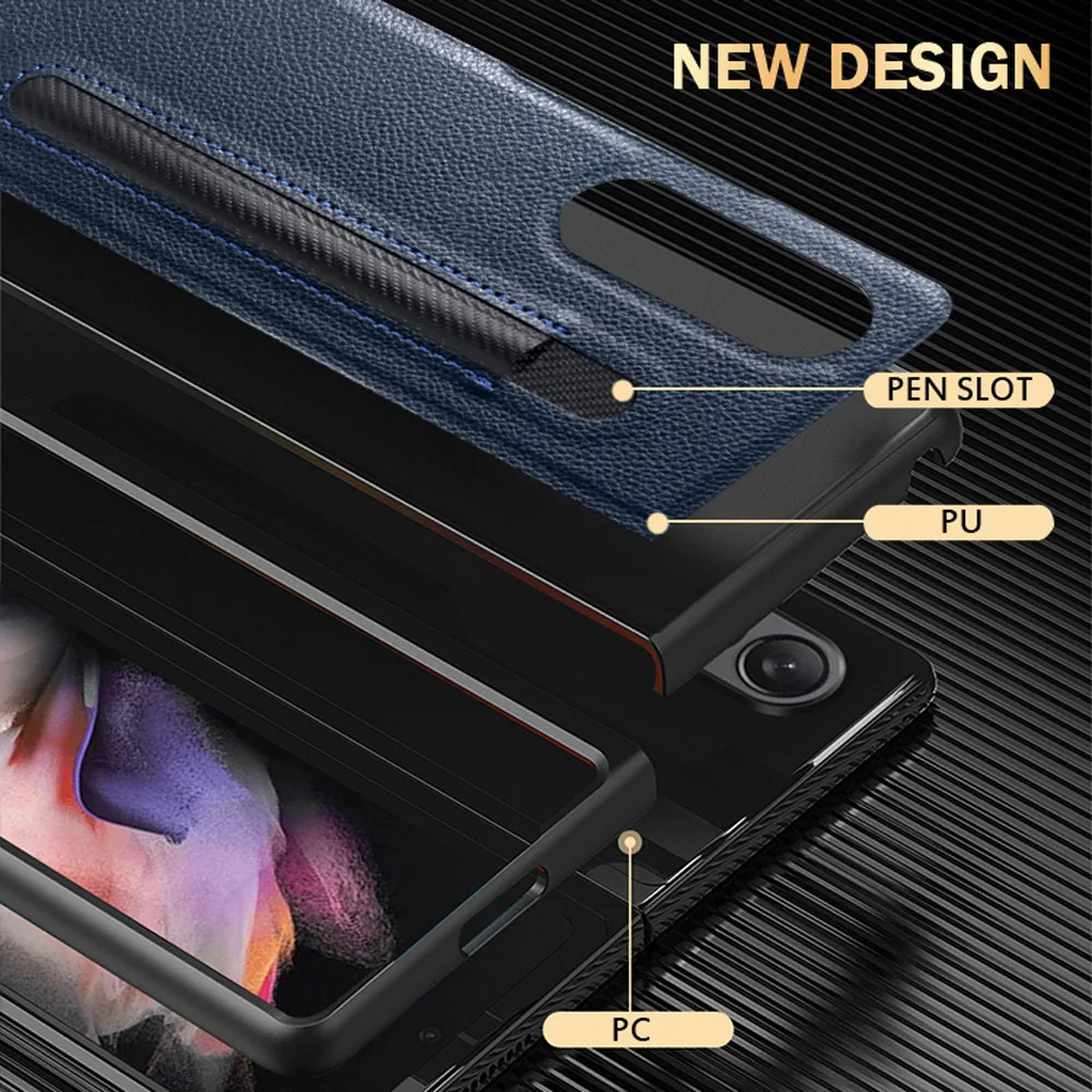 Fashion Lychee Pen Slot Case For Samsung Galaxy Z Fold 5 4 3 PU+PC Leather Pattern Cover Anti-knock luxury Cases for Fold5 F9260