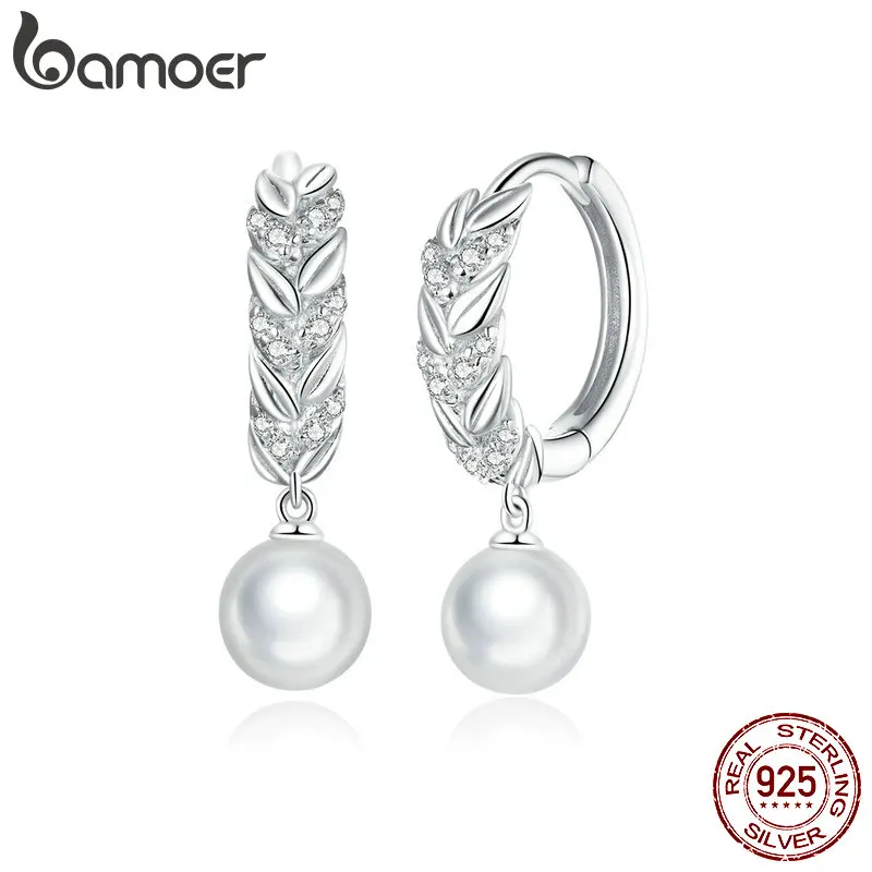 bamoer 925 Sterling Silver Women Geometric Earrings Shiny Wheat Ears Silver Jewelry for women Girl silver earring BSE446