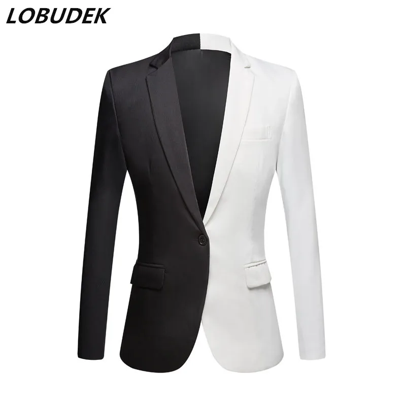 Men Blazer Fashion White Black Red Splicing Casual Coat Stage Male Singer Costume Slim Fit Party Prom Suit Jackets Plus Size