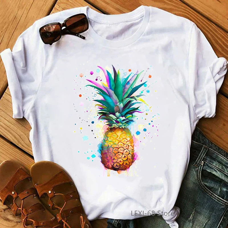 Watercolor Pineapple Print Women'S Tshirt Cute Girls Ladies White Short Sleeve Round Neck T Shirt Female T-Shirts Summer Top Tee