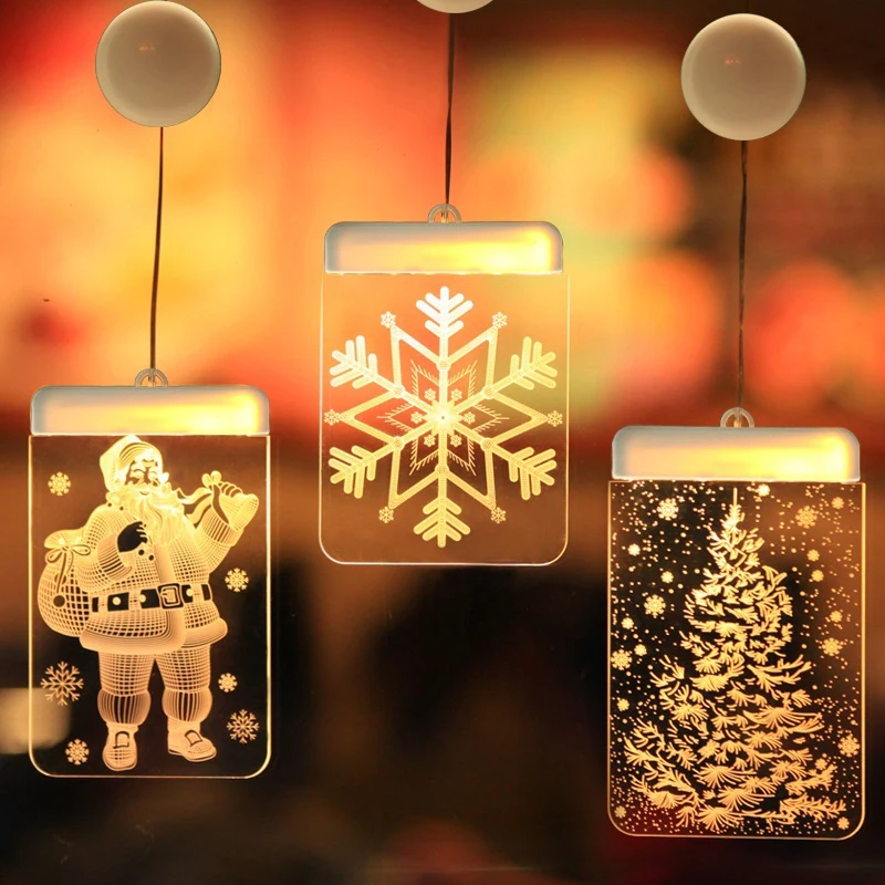 LED Suction Cup Light 3D Door and Window Santa Claus Elk Bells Christmas Lights LED String Lights Snowflake New Year Economic