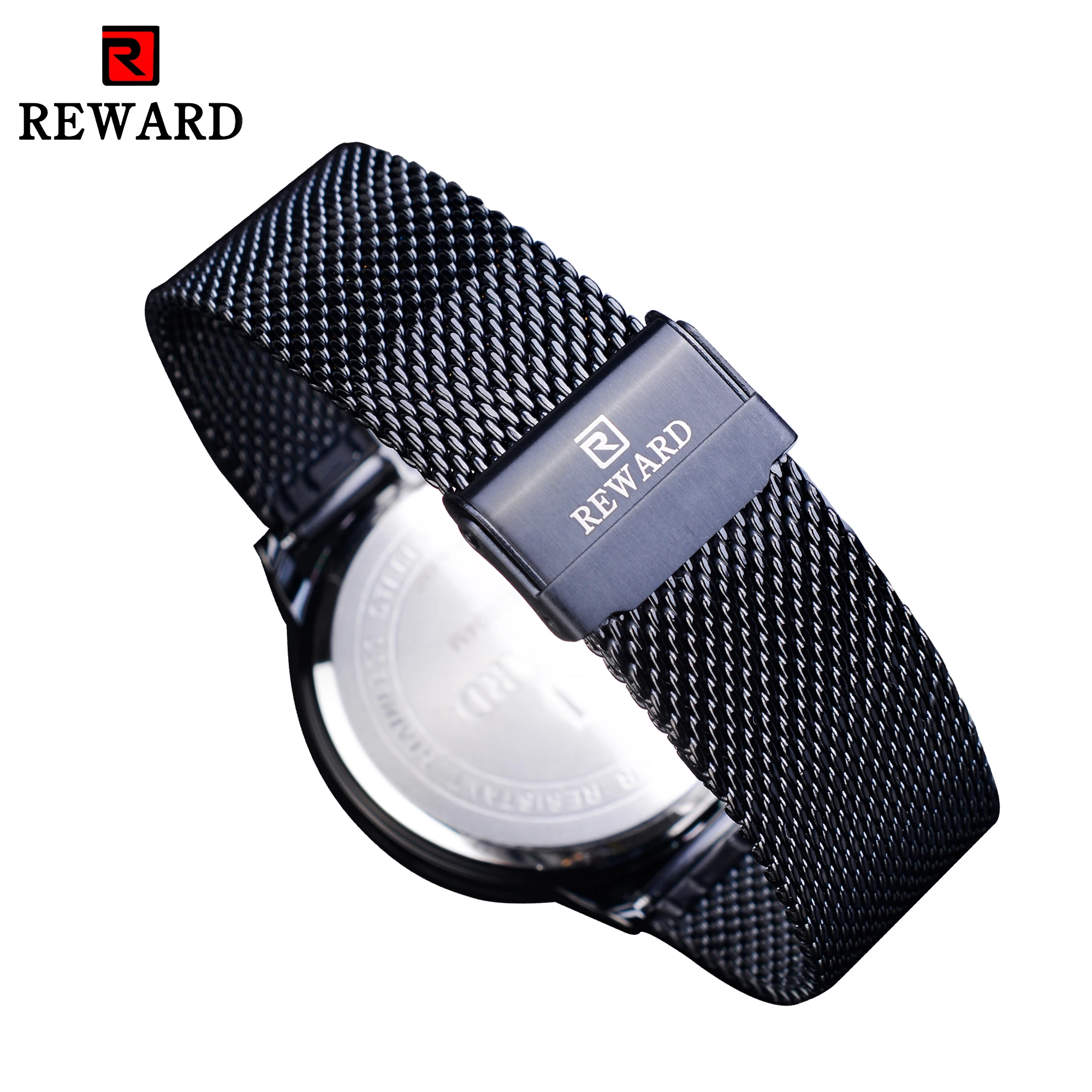 REWARD Black Stainless Steel Mesh Band Symphony Glass Design Three Dial Calendar Display Men Quartz Wrist Watch Top Brand Luxury