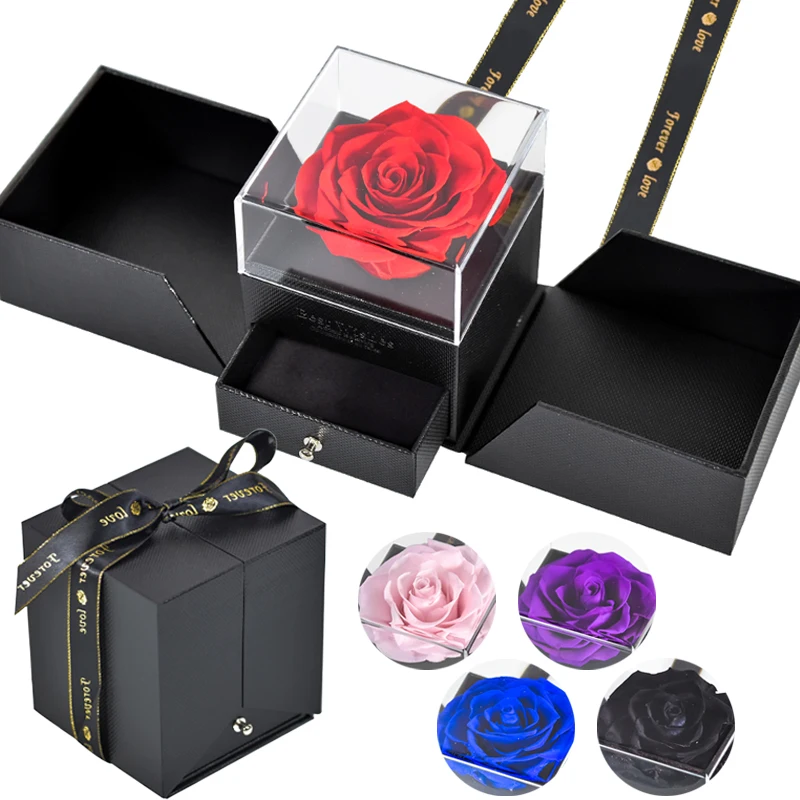 Eternal Rose Preserved Flower Proposal Jewelry Box Earrings Necklace Storage Case Forever Love Wedding Christmas Valentines Gift