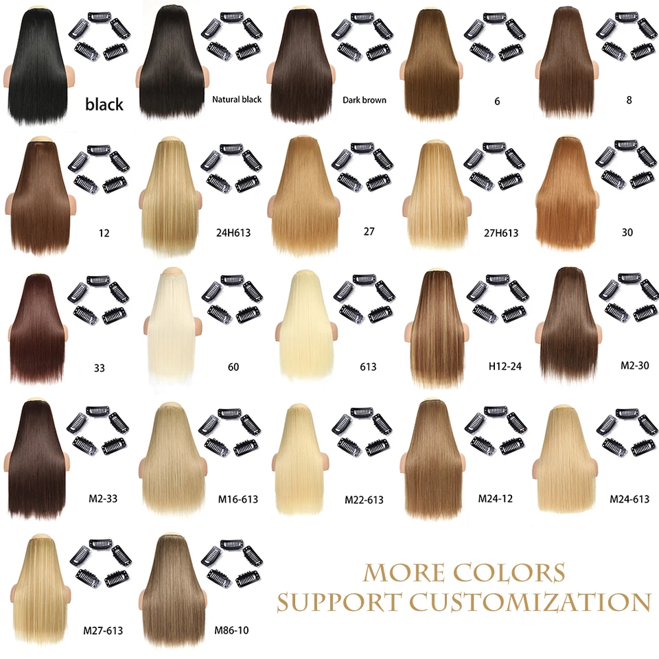 Extensión de cabello sintética larga y lisa de una pieza con 5 clips, rubia, marrón o negra, postizo resistente al calor 5