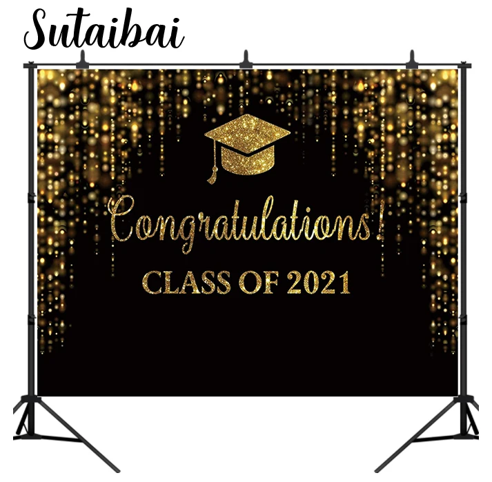 Graduation Party Backdrop Class of 2021 Black and Golden Glitter Bokeh Spots Photography Background Congrats Grad Prom Gold Dots