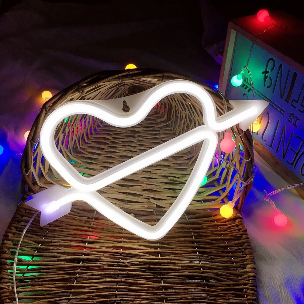 Creative Led Neon Heart Night Lamps Romantic LED Cupid\'s Bow Sign Shaped Wall Light for Birthday Party Valentine Day Decoration