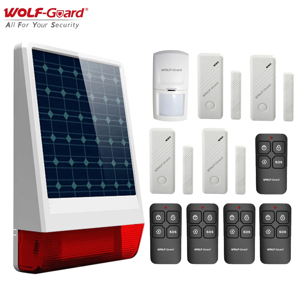 

Wolf-Guard DIY Wireless Outdoor Weather-Proof Solar Siren Security Alarm Burglar System Door Sensor PIR Motion Detector 5 Remote