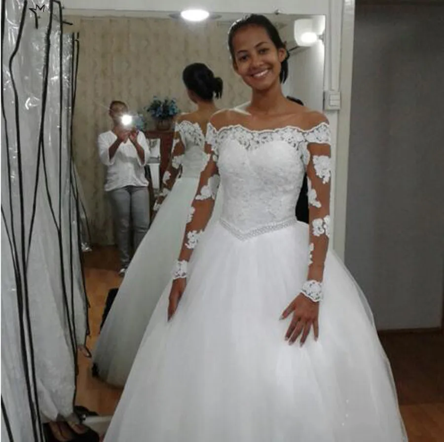 Vestido de boda africano con apliques de encaje y cuello de barco, manga larga de tul blanco, longitud hasta el suelo, 2020