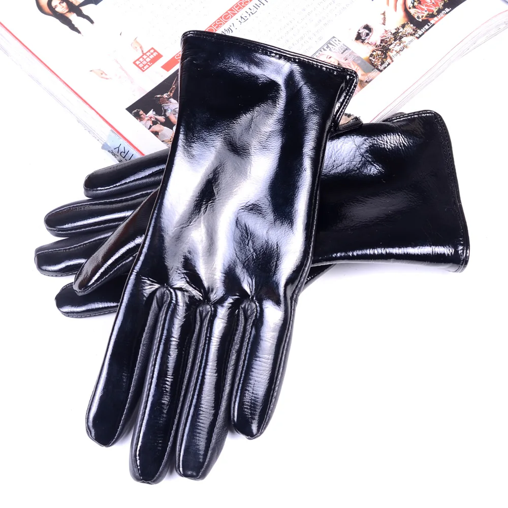 Women\'s Ladies Real Patent Leather Shiny Black Woolen Lining Winter Warm Touch Screen Short Gloves