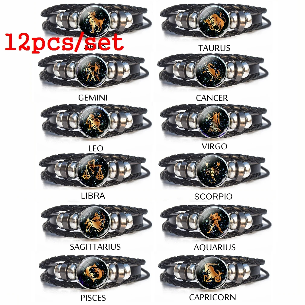 12 Pcs Bracelet Set Constellation Pulseras Mujer Zodiac Braided Leather Bangles Bracelet for Women Jewelry Sets Snap Button