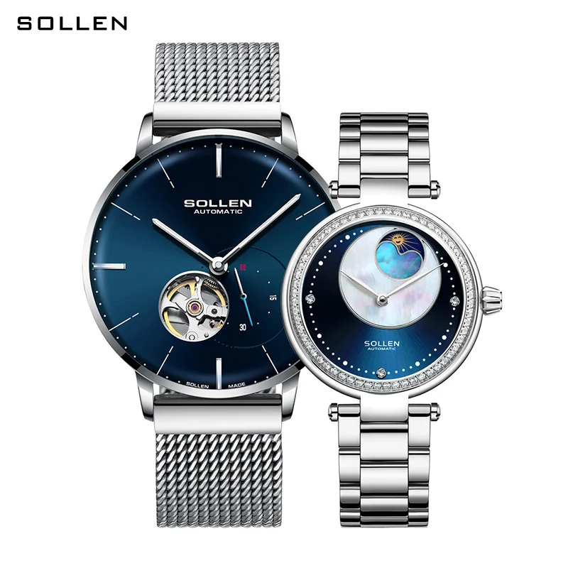 Luxury Brand SOLLEN Japan MIYOTA orologi meccanici automatici da coppia orologi impermeabili con scheletro di diamanti con fasi lunari