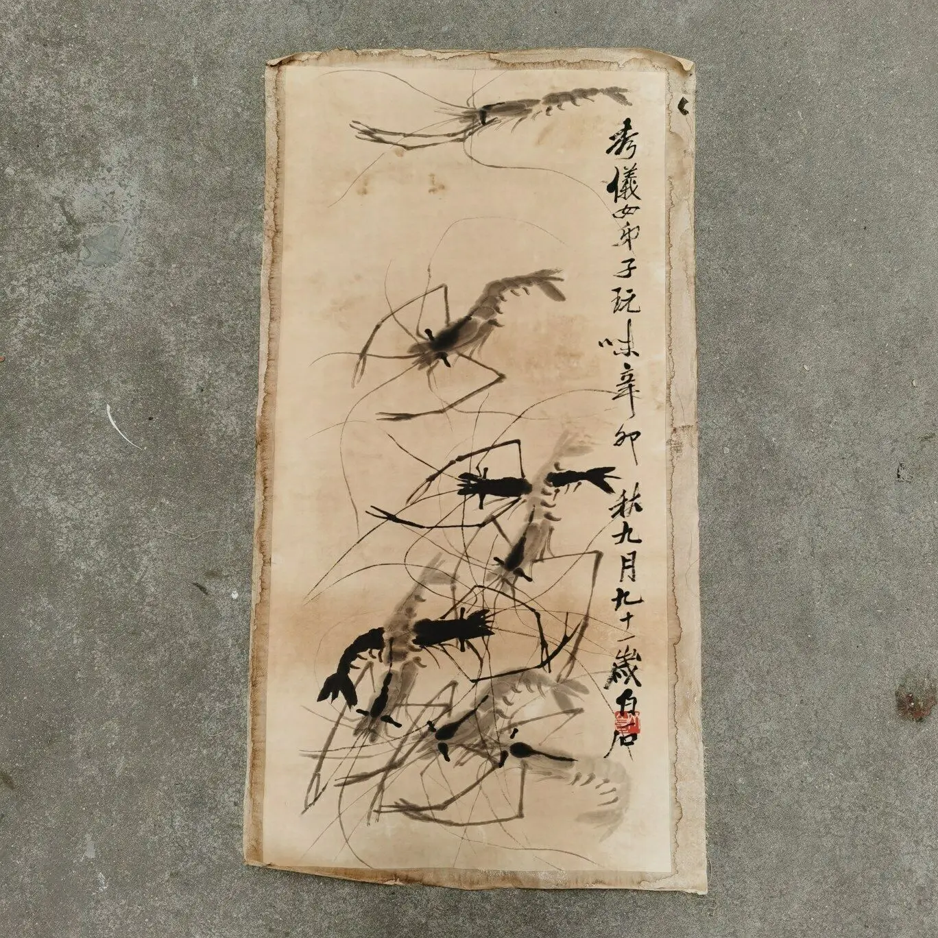 Qi Baishi's Shrimp Painting on Rice Paper Chinese Old Scroll Artwork Slice for Collectors And Decor