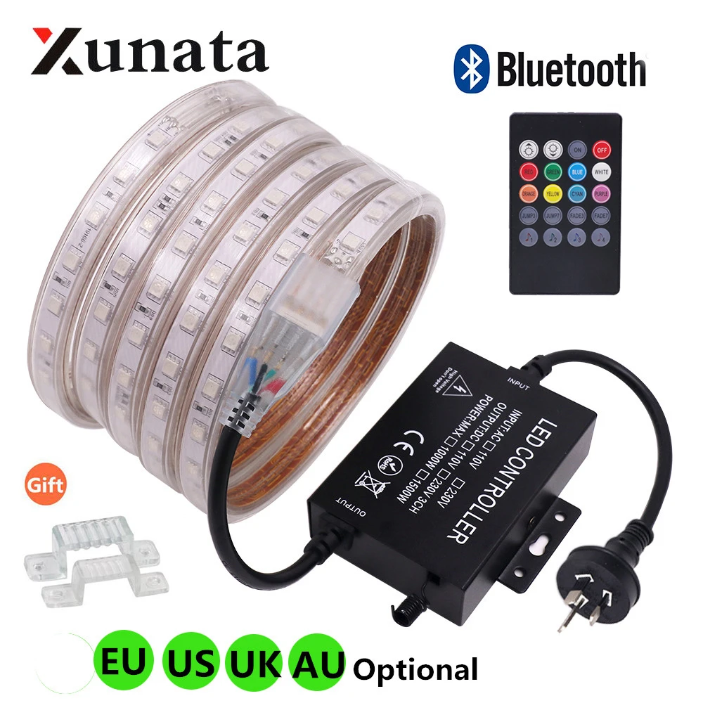 RGB LED Strip Light 220V 110V Waterproof 5050 60LEDs/m Ribbon Tape Flexible Light Lamp with 1500W Controller Bluetooth Remote