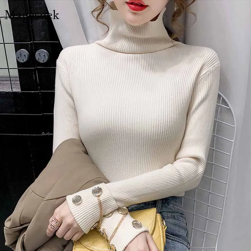 Winter Pullover Women Chic Cuff Buttons Zipper Bottoming Sweater Elegant Women Thick Turtleneck Solid Slim Knitted Sweater 12120