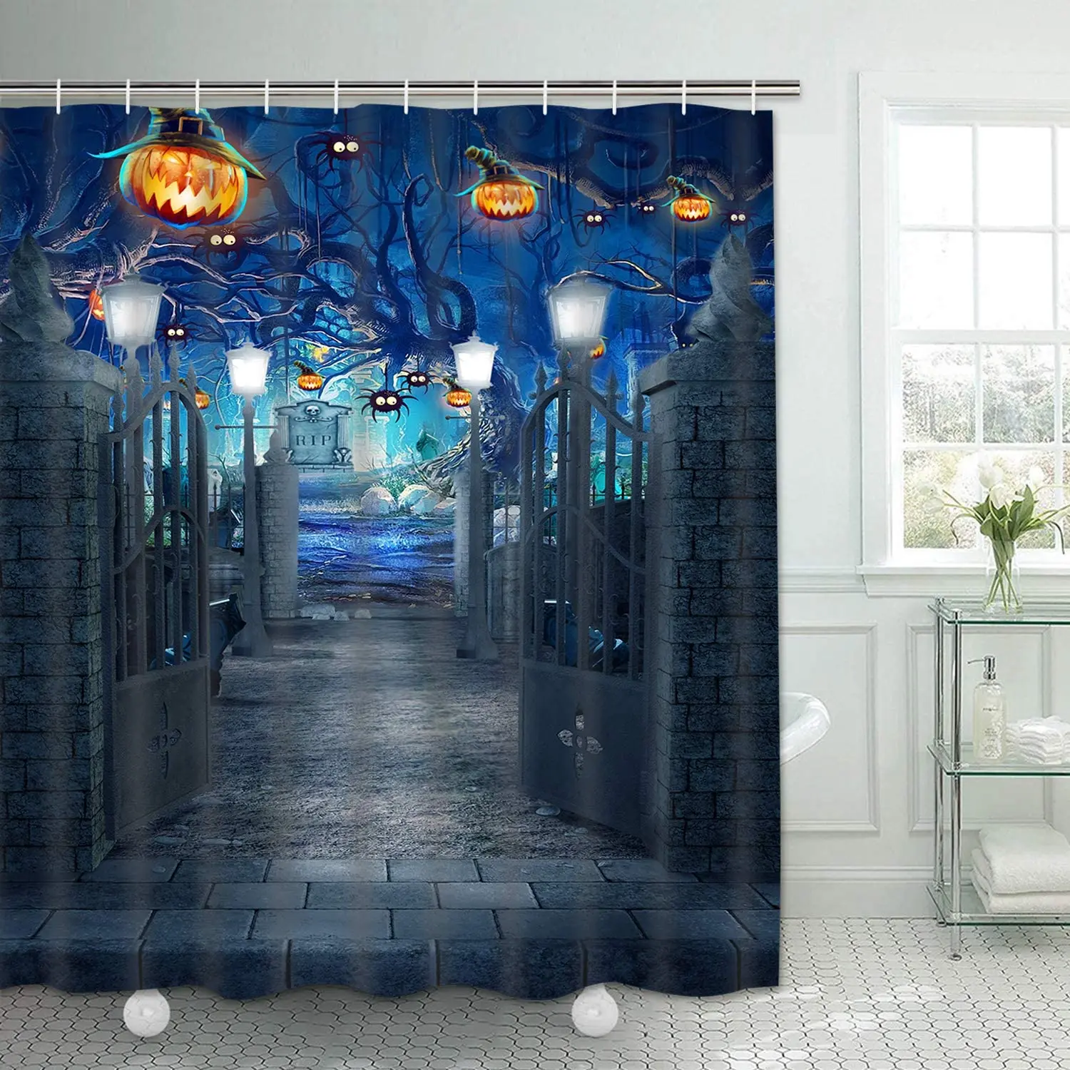 Halloween Shower Curtain By Ho Me Lili Horror Graveyard With Hooks Pumpkin Scary Fabric For Bathroom Waterproof Machine Washable