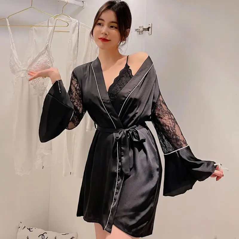 

Lace Satin Patchwork 2PCS Kimono Robe Set Women Nightwear Intimate Lingerie Summer New Black Casual Nightgown Bathrobe Gown