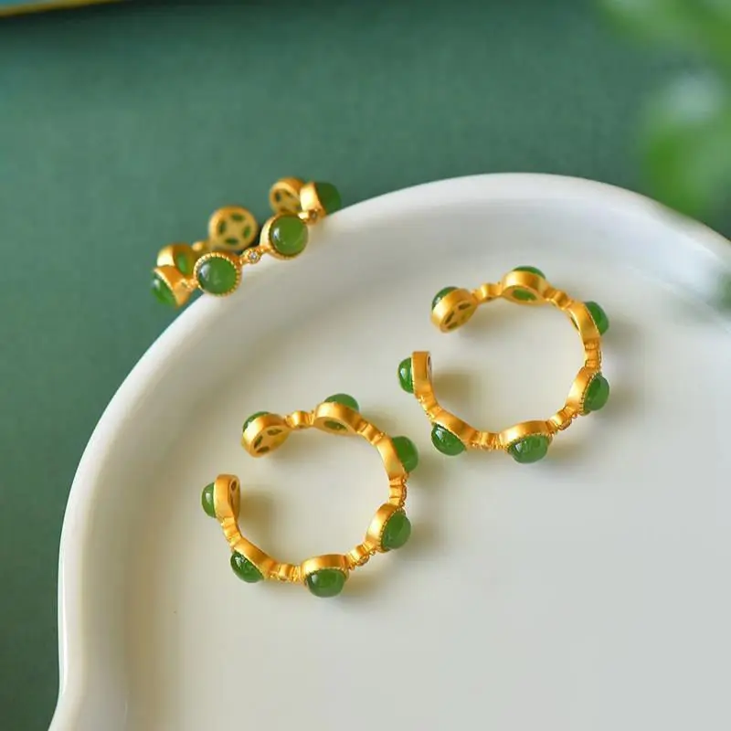 

Original new ancient gold craftsmanship Yang green jasper opening adjustable ring Chinese style retro charm brand silver jewelry