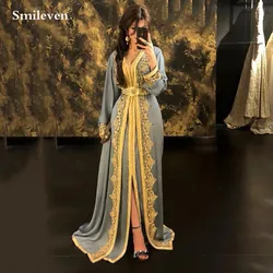 Smileven Silber Marokkanischer Kaftan Abendkleider V-Ausschnitt Kristall Algerien Arabisch Kleider für besondere Anlässe Spitze Muslimische Partykleider