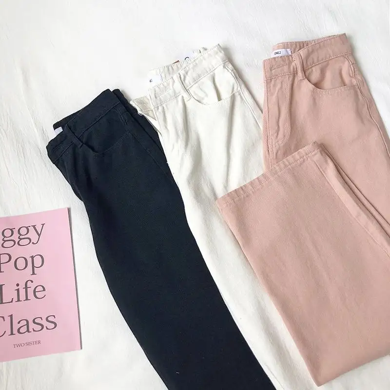 

Autumn Pink Women Boyfriend Jeans High Waist Cotton Black White Korean Style Female Denim Pants Wide Leg Jeans