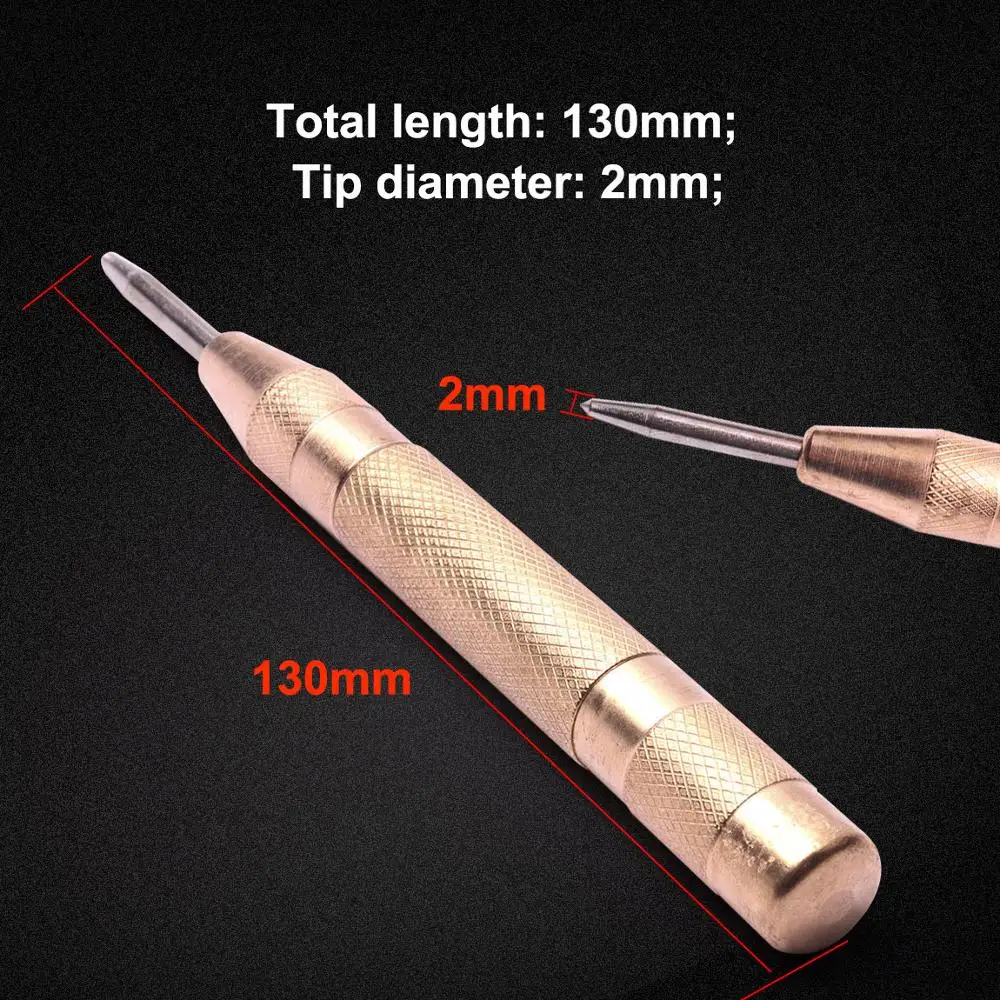 1Pcs HSS 5 Inch Automatic Center Pin Punch Spring Loaded Starting Hole Tool Gold With Brass Body Chisel Woodwork Tool Drill Bit